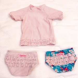 Ruffle Butts toddler short sleeve pink seersucker rash guard and two bottoms